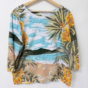 Palm Grove Tropical Beach Scenic Print Embellished Top Size 1X Hawaiian Resort